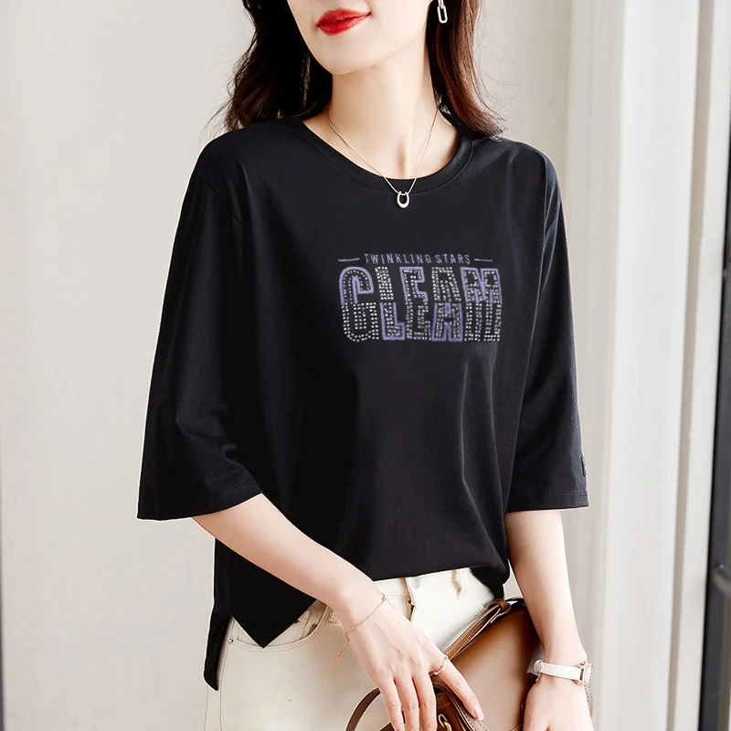 黑色七分袖t恤女上衣夏季2025年新款早春宽松爆款女装中袖体恤衫