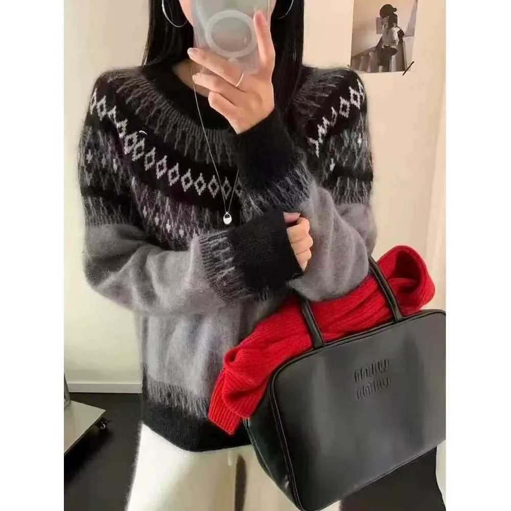 QIANRH-1642费尔岛韩系毛绒百搭撞色拉毛针织衫