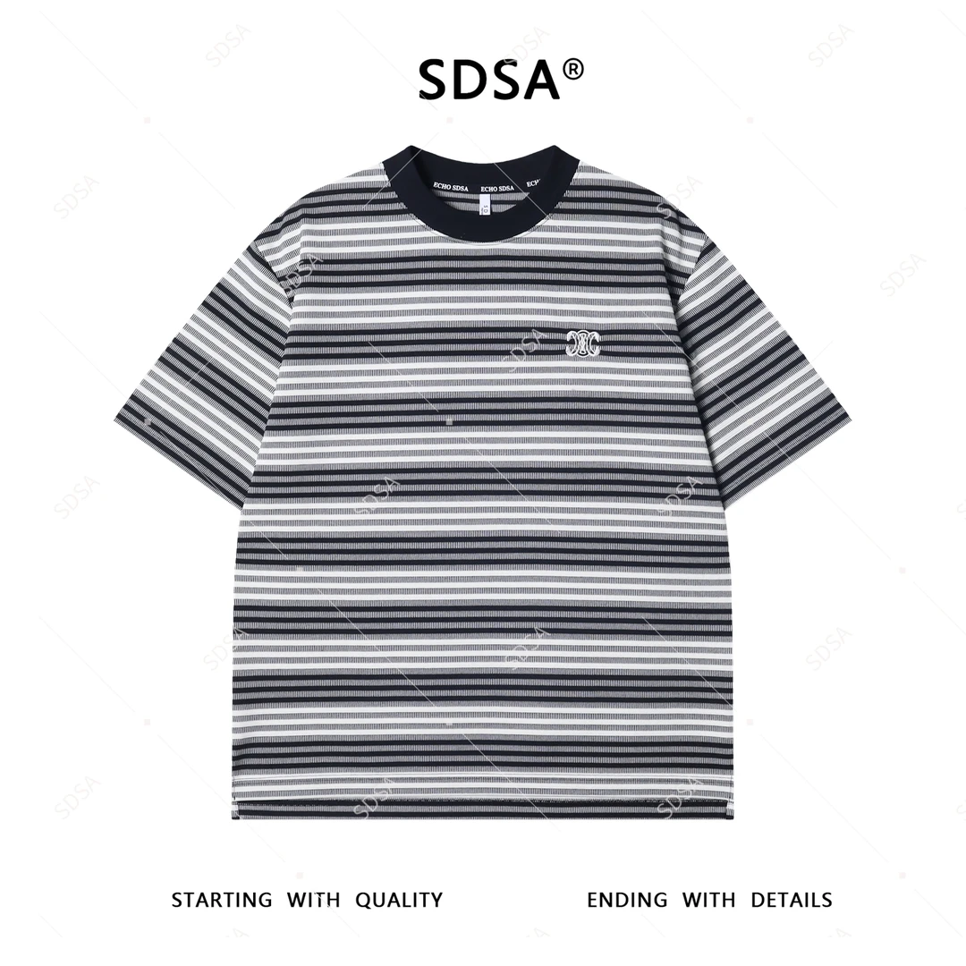 夏季高级感新款男士潮牌撞色条纹刺绣短袖T恤宽松潮流百搭上衣