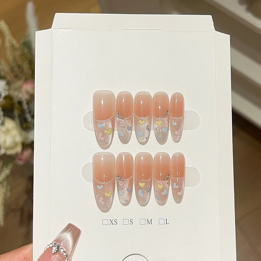 显白穿戴式梯形腮红春夏日多巴胺法式猫眼手绘ins爱心穿戴甲闪粉