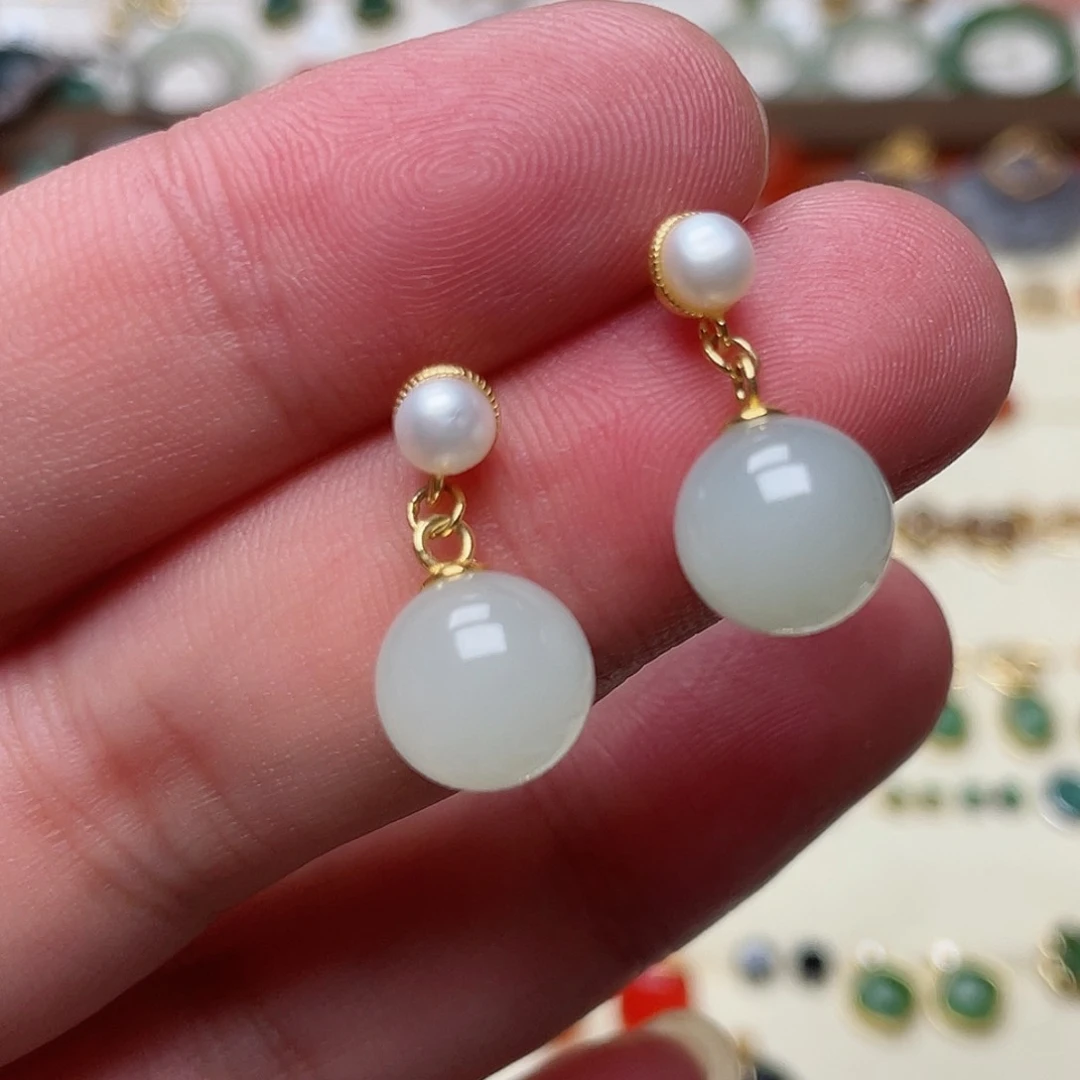 和田玉耳钉银S925镶嵌