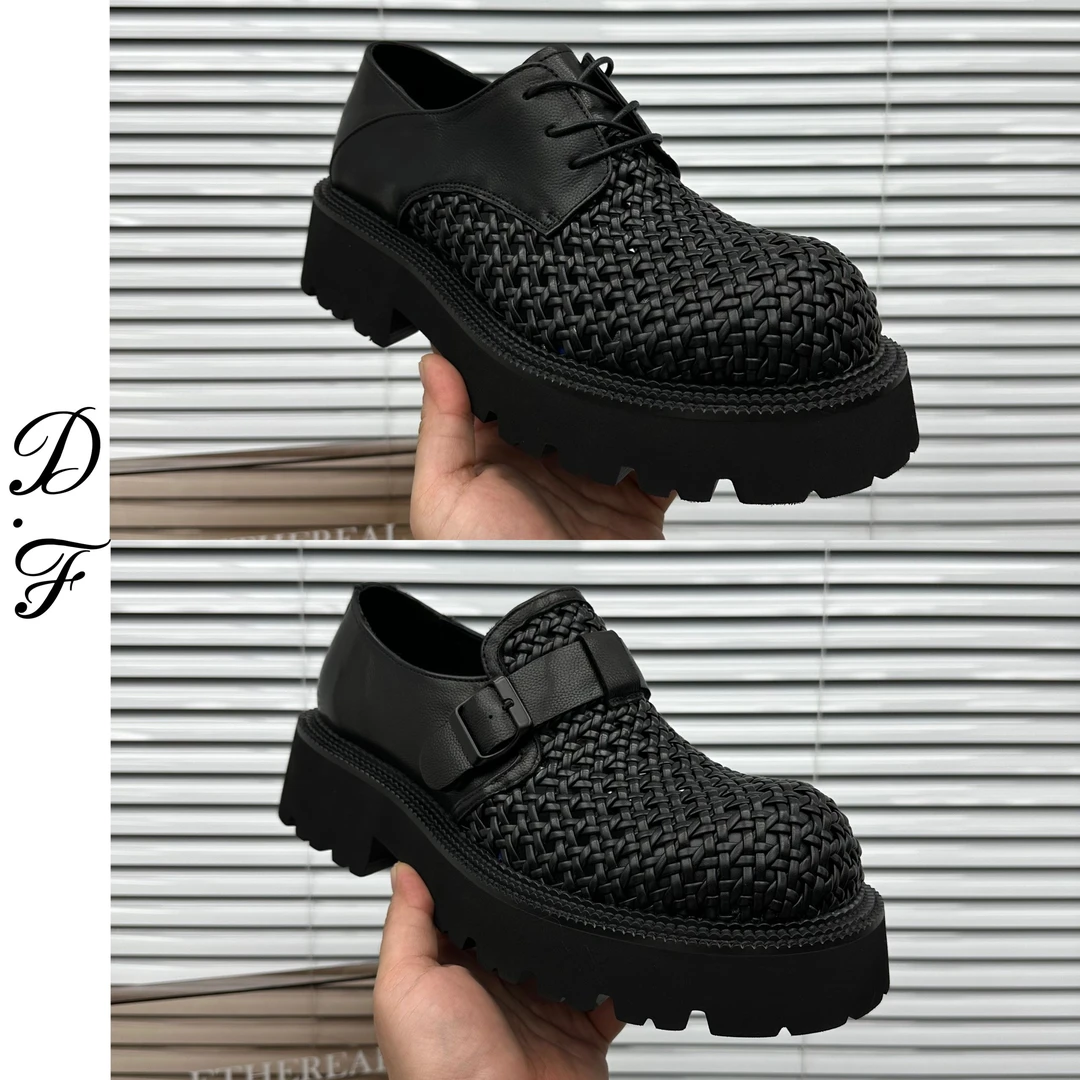 男士夏季德比鞋大头皮鞋编制工艺透气乐福鞋男增高鞋高档手工男鞋