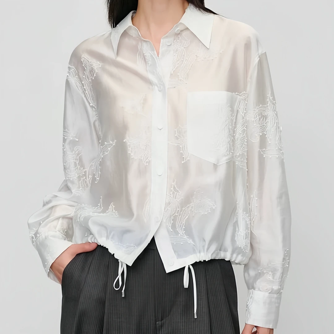 25s抽绳系带肌理绣花简约衬衫 【EGKEE2120AW】流光白【22】