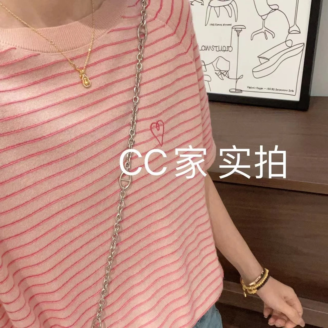 【圆领粉色条纹爱心刺绣】圆领宽松百搭时尚洋气秋冬长袖针织衫