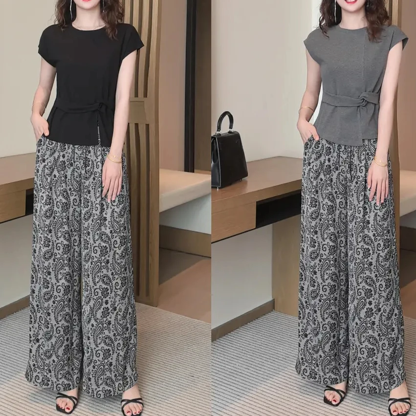 夏季新品套装2025老钱风时尚印花T恤阔腿裤两件套减龄显瘦