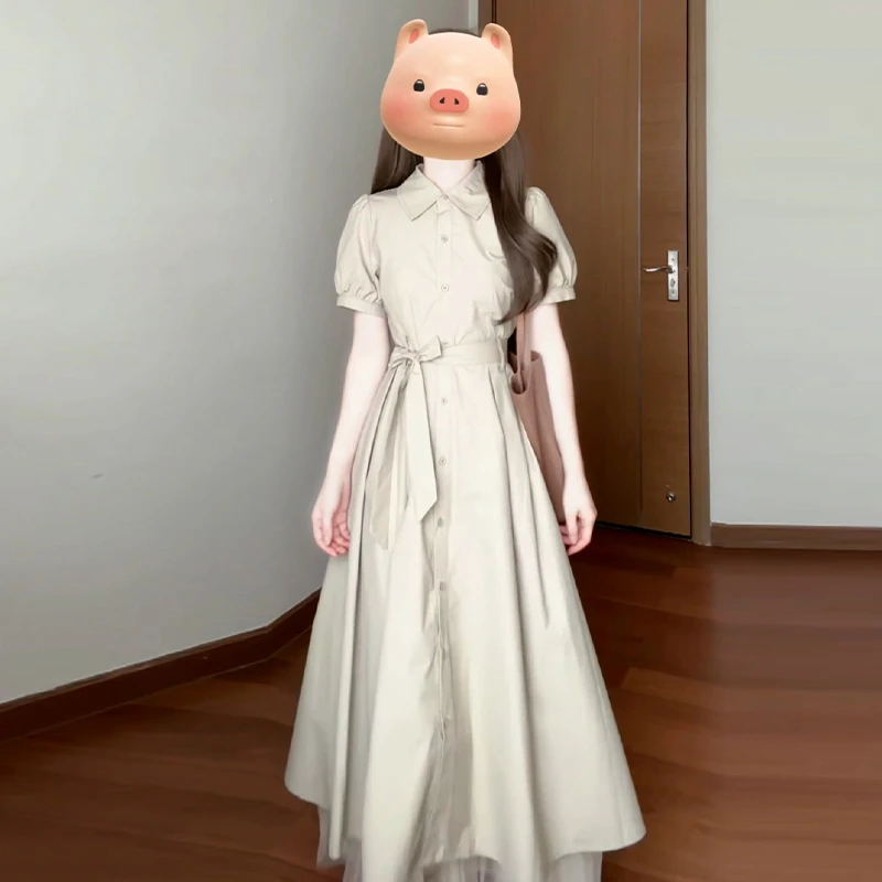 3699法式泡泡袖衬衫连衣裙子女装2025夏季新款大方得体学院风长裙