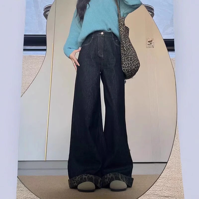 阔腿裤大码胖mm美式复古高腰阔腿牛仔裤女春季新款宽松显瘦窄版直