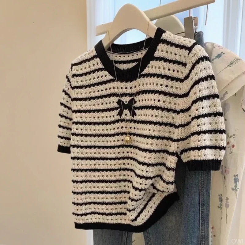 条纹撞色冰丝针织上衣女2025夏季设计感小众百搭超好看薄款t恤潮