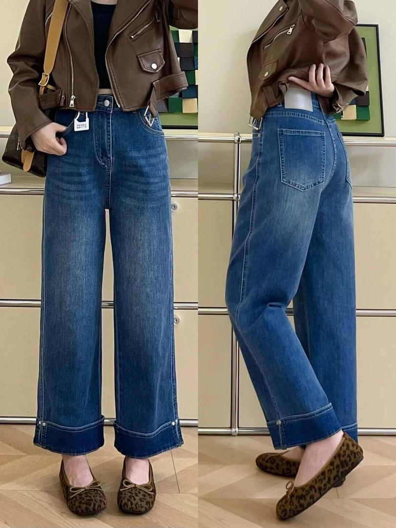 复古蓝高腰显瘦直筒牛仔裤女款2025秋季新款大码梨形身材九分裤子