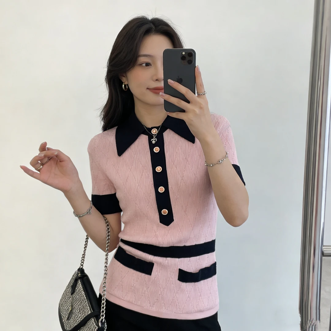 99新 Chanel/香奈儿 E600865/粉色撞黑边的针织Polo款上衣/36码