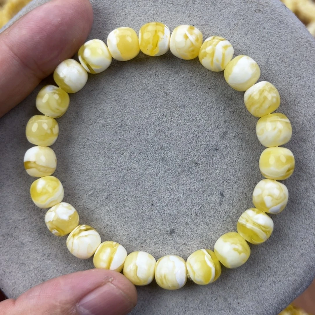 蜜蜡未镶嵌手串纯天然俄料金瓷白花虎皮9.5*9腕口18+