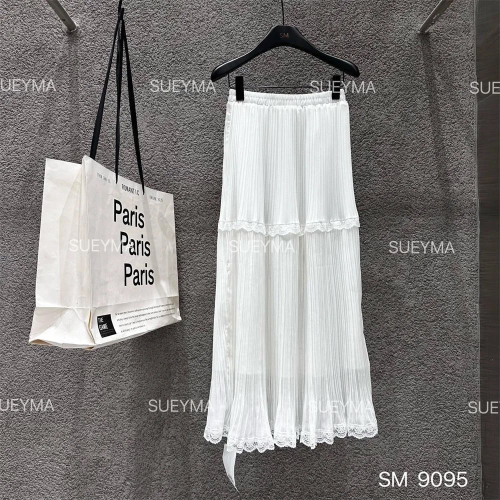 杨杨 SM-夏季新款垂感百褶蕾丝拼接半裙9095