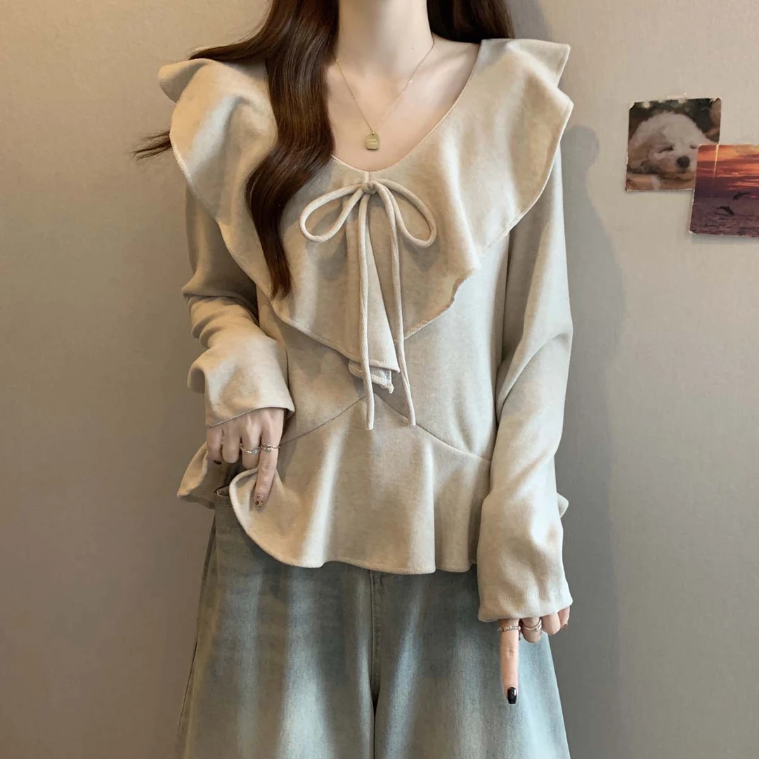 法式设计感荷叶边衬衣女2025秋季新款胖妹妹百搭收腰显瘦长袖上衣