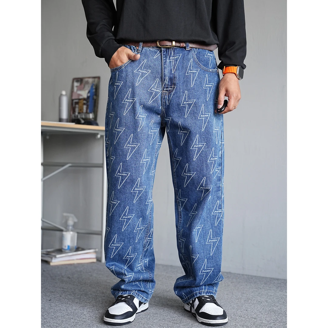 秋季美式水洗复古闪电牛仔裤男直筒宽松潮牌高街网红同款阔腿长裤