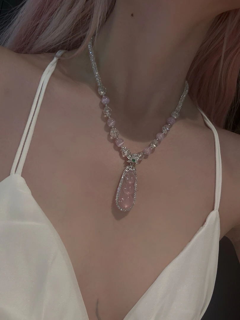 铜项链 甜美水晶串珠微镶四季豆吊坠项链女超仙设计锁骨链