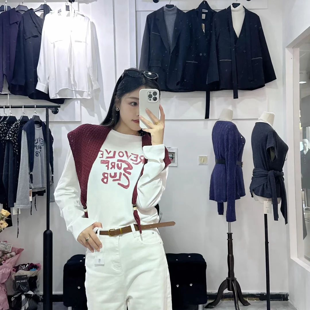 长袖圆领字母印花披肩设计百搭休闲秋季T恤女