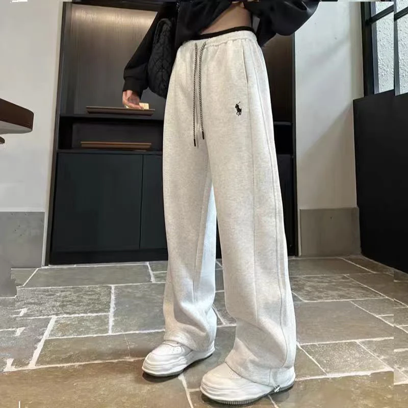 秋季新款高腰刺绣拼色弯刀直筒宽松阔腿休闲显瘦运动男女同款裤