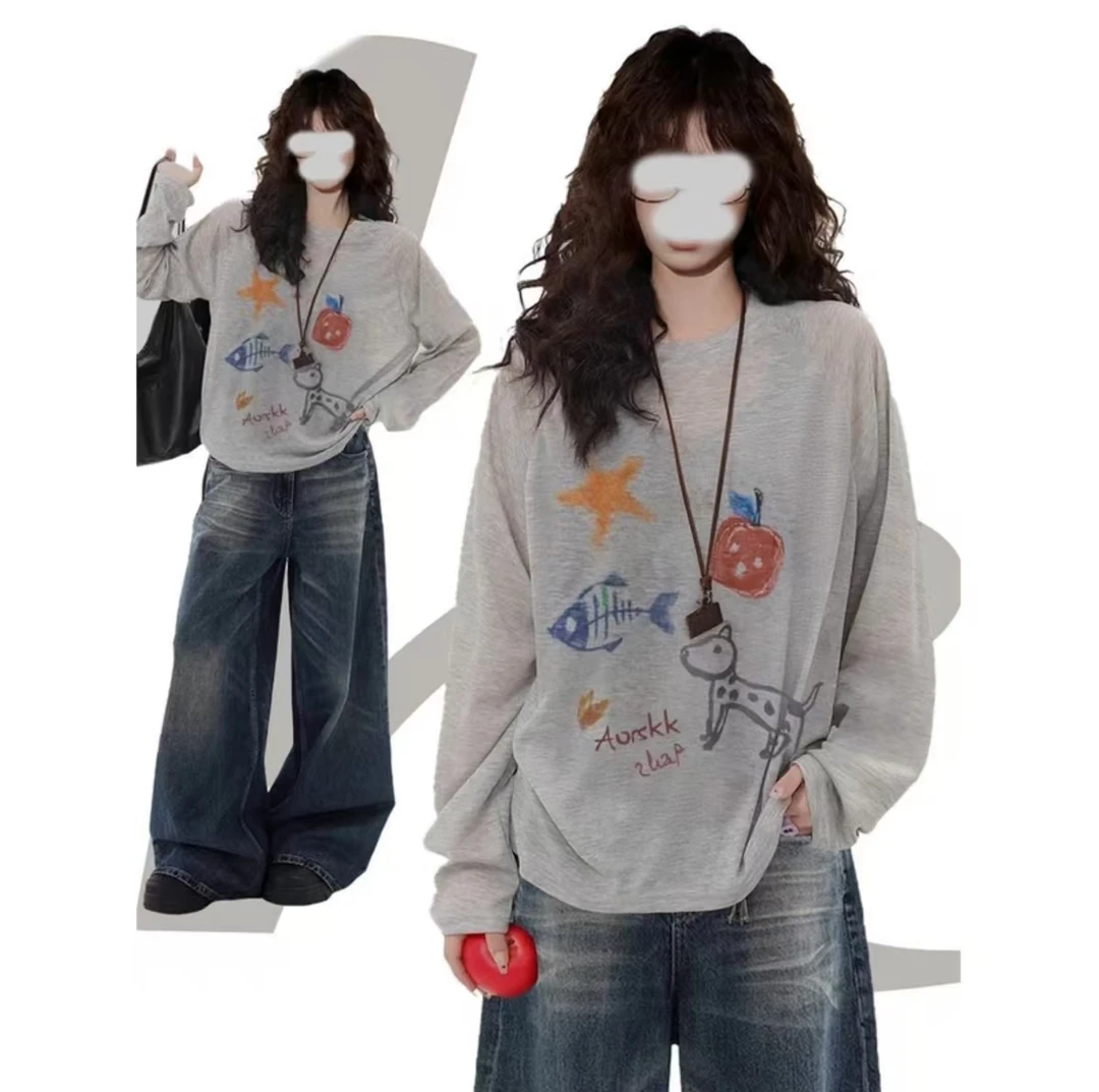 【运补8-10】慵懒风长袖INS风印花防晒罩衫圆领T恤夏季新款休闲T恤