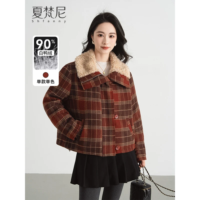 【珍妮麦芬】夏梵尼2024冬季新款毛毛翻领氛围格纹羽绒服
