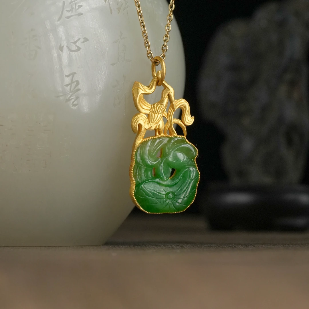 【观月】【一鹭莲升】24k足金镶嵌黄加绿老翡翠吊坠