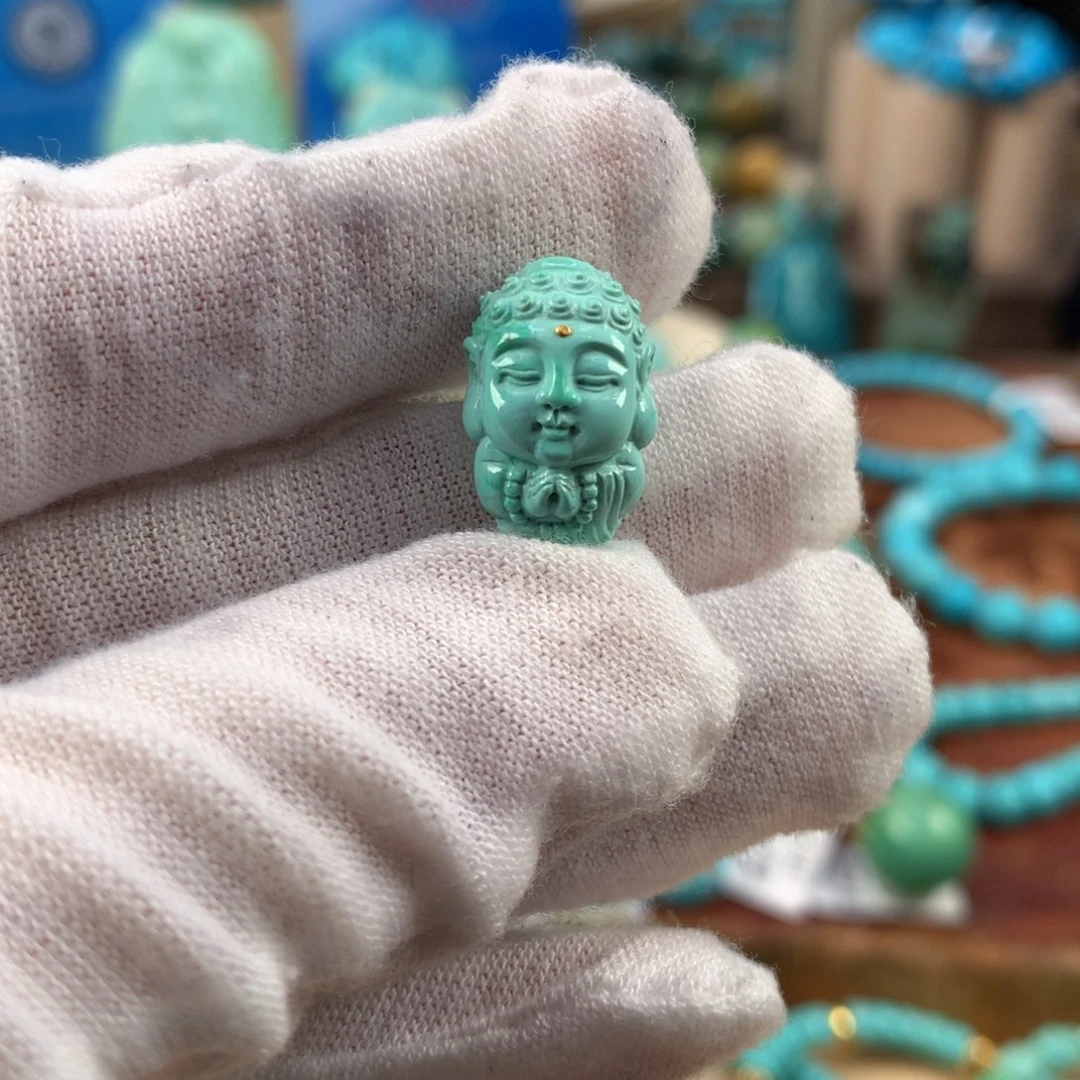绿松石未镶嵌珠宝奇石高瓷绿宝宝佛11.1*17mm