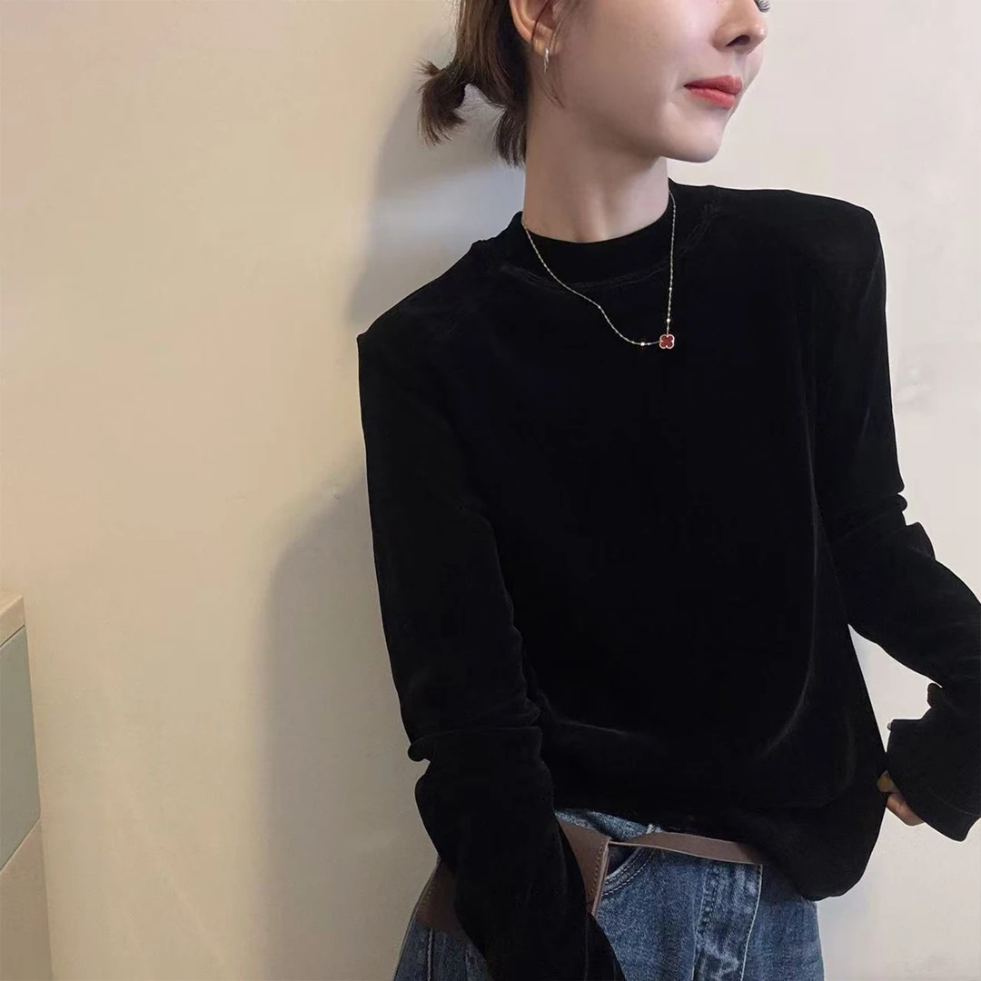 欧货高品质立领丝绒长袖T恤女早秋新款气质基础打底衫高级感上衣
