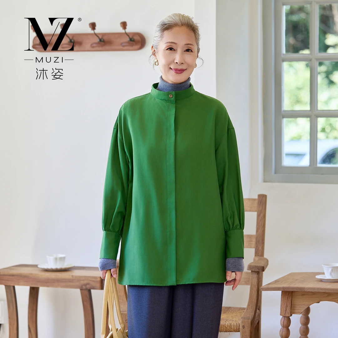 沐姿中老年女装立领衬衫女春秋款妈妈装时尚宽松纯色上衣