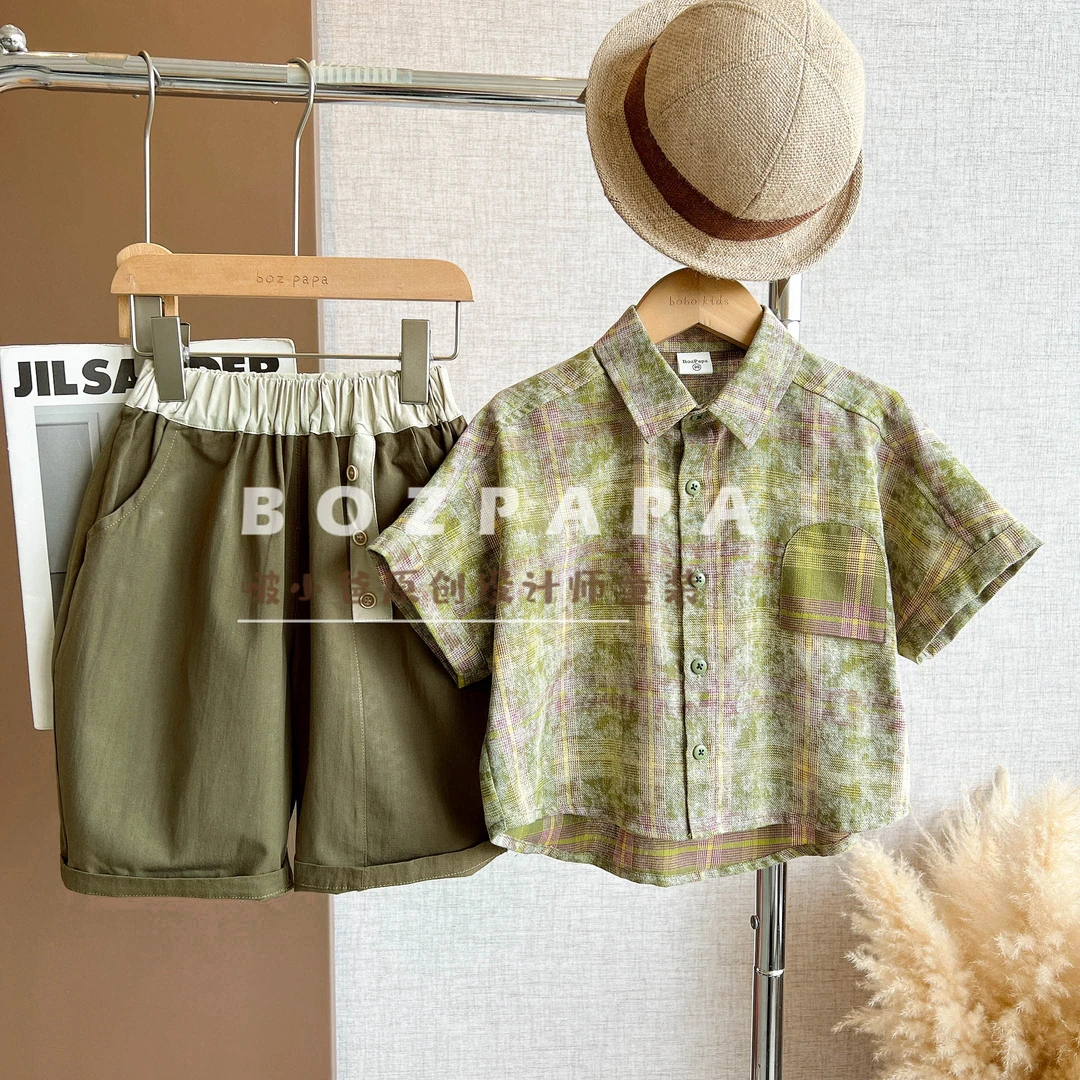 啵小爸【风吹茶园】2025夏季男童韩系休闲格纹设计翻领衬衫套装