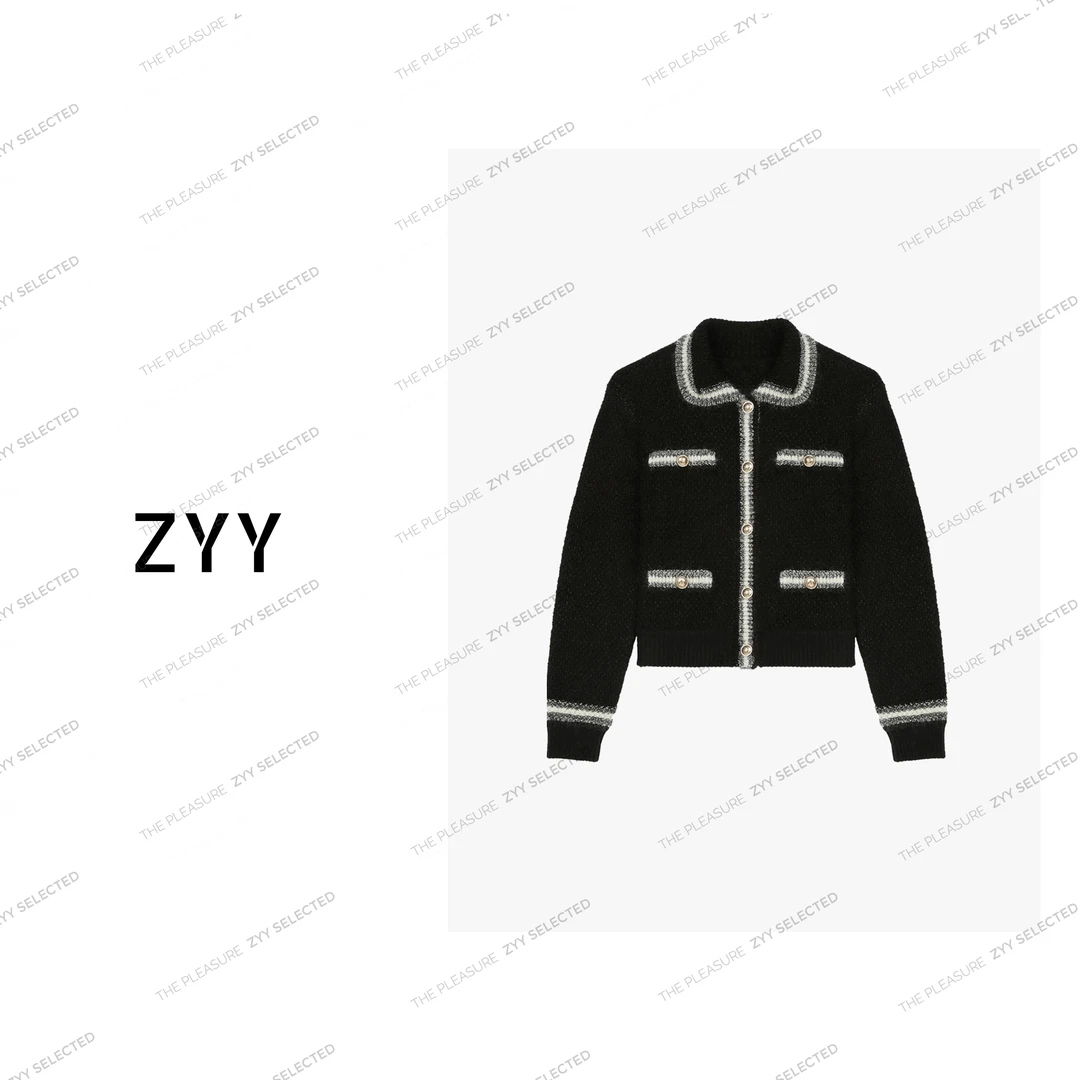 ZYY【星野漫步】2024S/S铭顺时尚翻领短款长袖毛针织衫女X24DZ11242