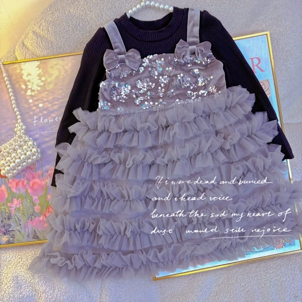 赫本风小黑裙蛋糕银灰色新款女童重工网纱公主裙洋气女孩连衣裙