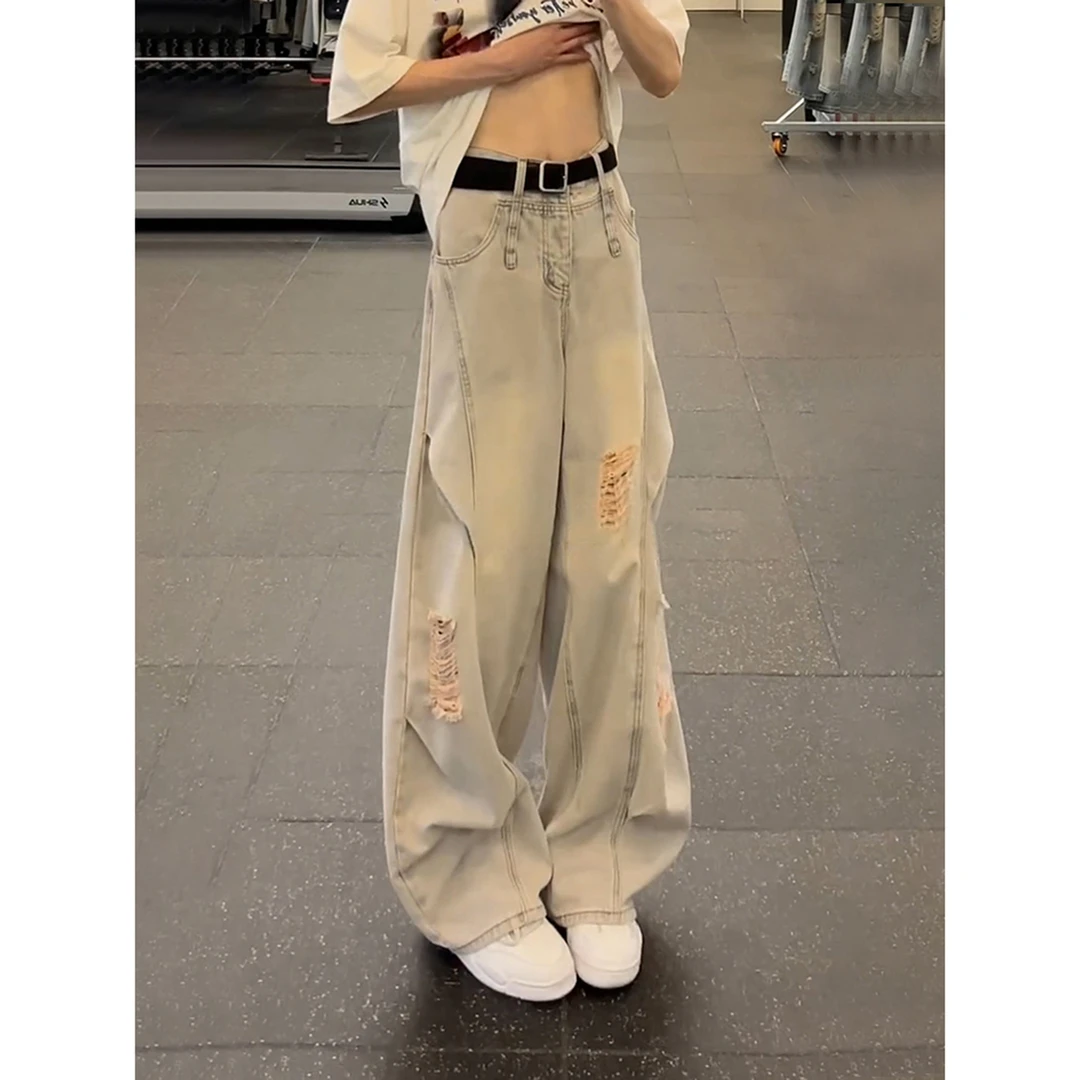 美式复古破洞牛仔裤男夏季薄款高腰显腿长裤子斜切休闲弯刀微喇裤