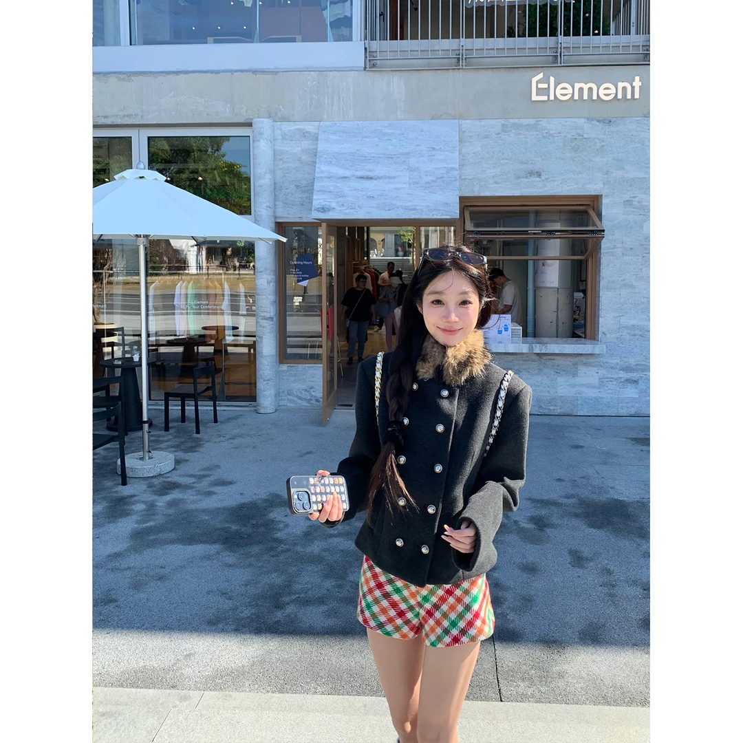 ffcheer 财阀千金 10%羊毛 毛领双排扣黑色毛呢外套女短款上衣