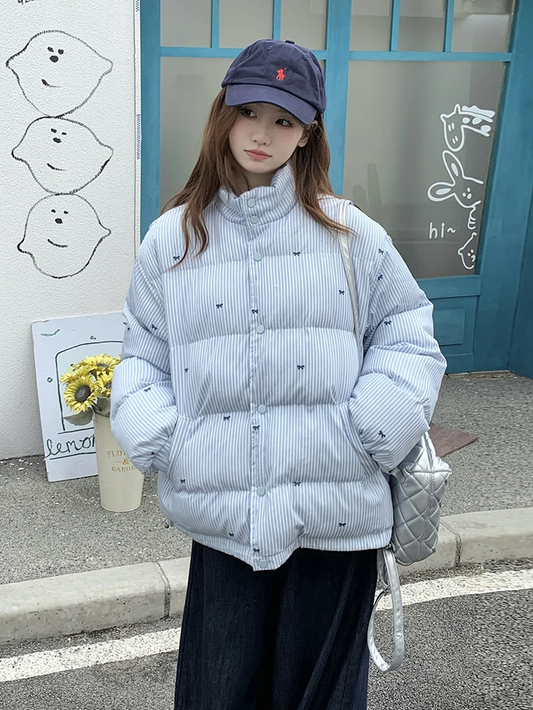 蓝色条纹蝴蝶结外套加厚2024冬季新款宽松休闲棉服韩版立领C26