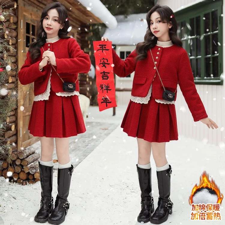 女童小香风百褶裙套装2026新款6-12岁15岁洋气公主裙拜年服冬装