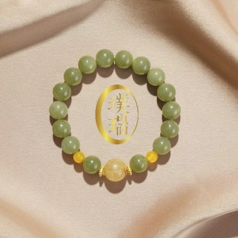 天然和田玉配黄水晶顶珠大点位卡10mm手链 多样性发一 SL565