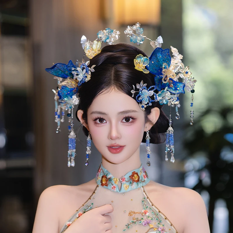 合金婚庆饰品 中式新娘小众蓝色花朵发簪套装古风秀禾服配饰D0578