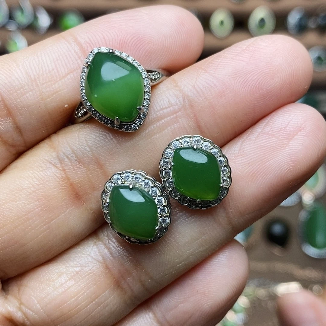 吊坠(不含链)银S925镶嵌和田玉（碧玉）套装