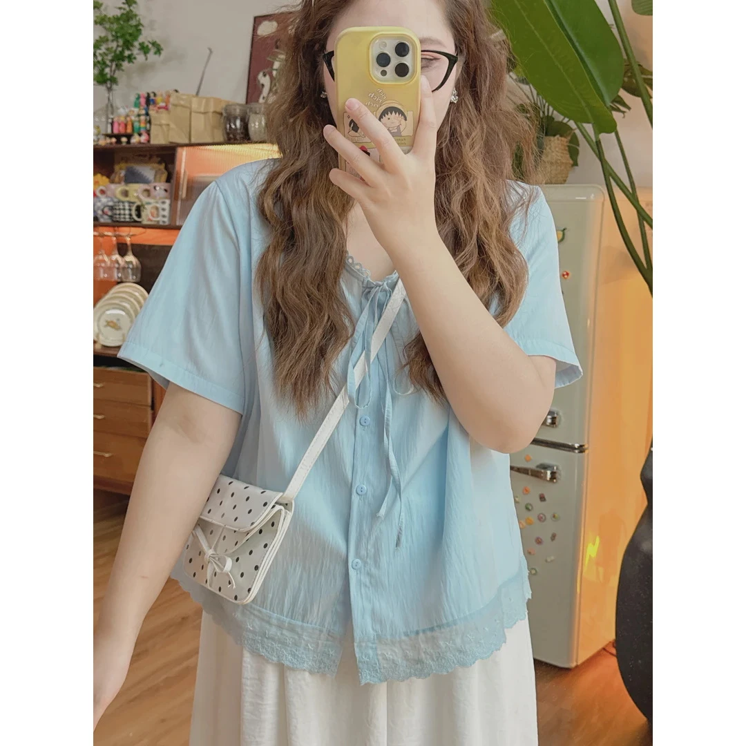 7268夏季新款大码女装短袖衬衫花边抽绳设计v领显瘦上衣潮流个性