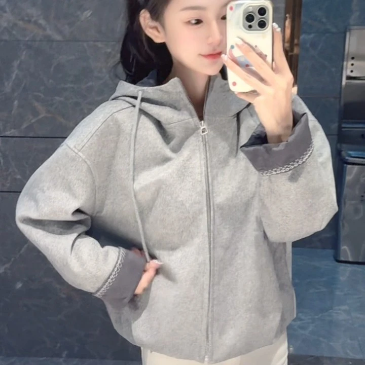 《椰子灰》2025蓉蓉家秋季新款韩系高级设计款连帽宽松拉链羊毛外套