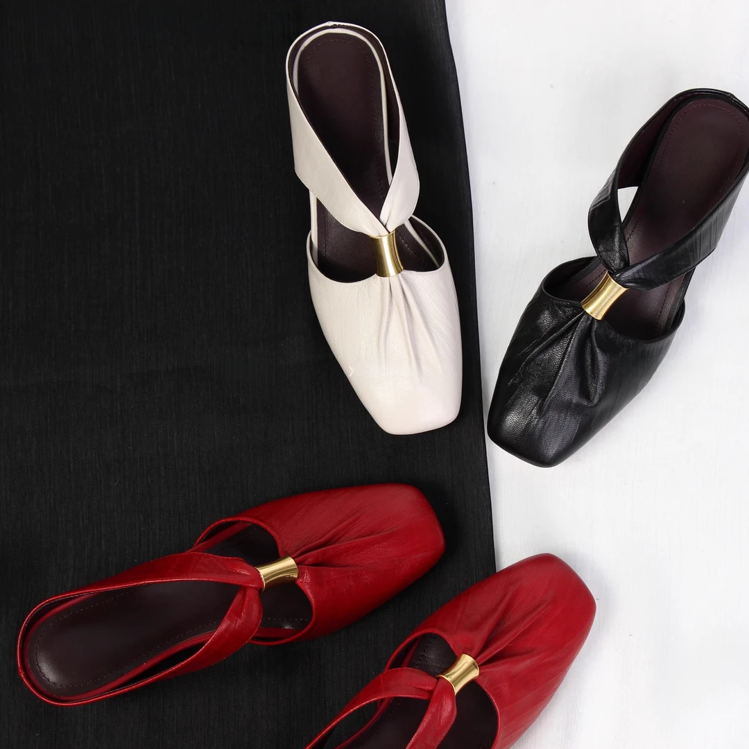 2025春夏季方头法式尖头褶皱凉拖包头半拖鞋外粗跟懒人穆勒一脚蹬