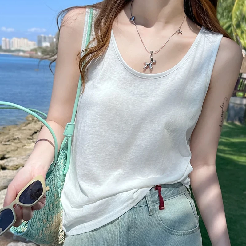 新款春夏季V领宽松慵懒风打底吊带背心女式内搭遮肉无袖白色上衣