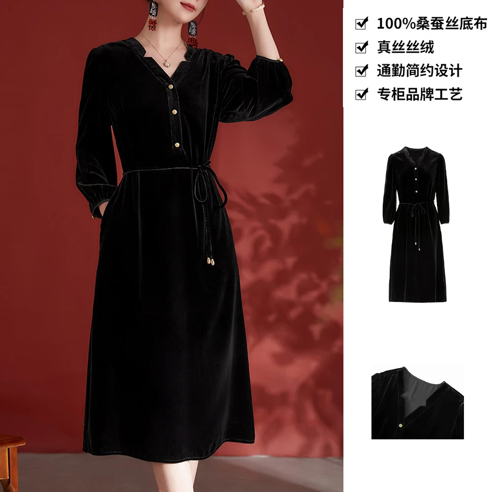 100桑蚕丝丝绒长裙洋气V领宽松显瘦系带真丝丝绒连衣裙LYQA28