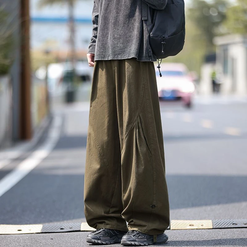 2025新款日系复古拼接褶皱弯刀长裤子男生秋季纯棉百搭宽松休闲裤