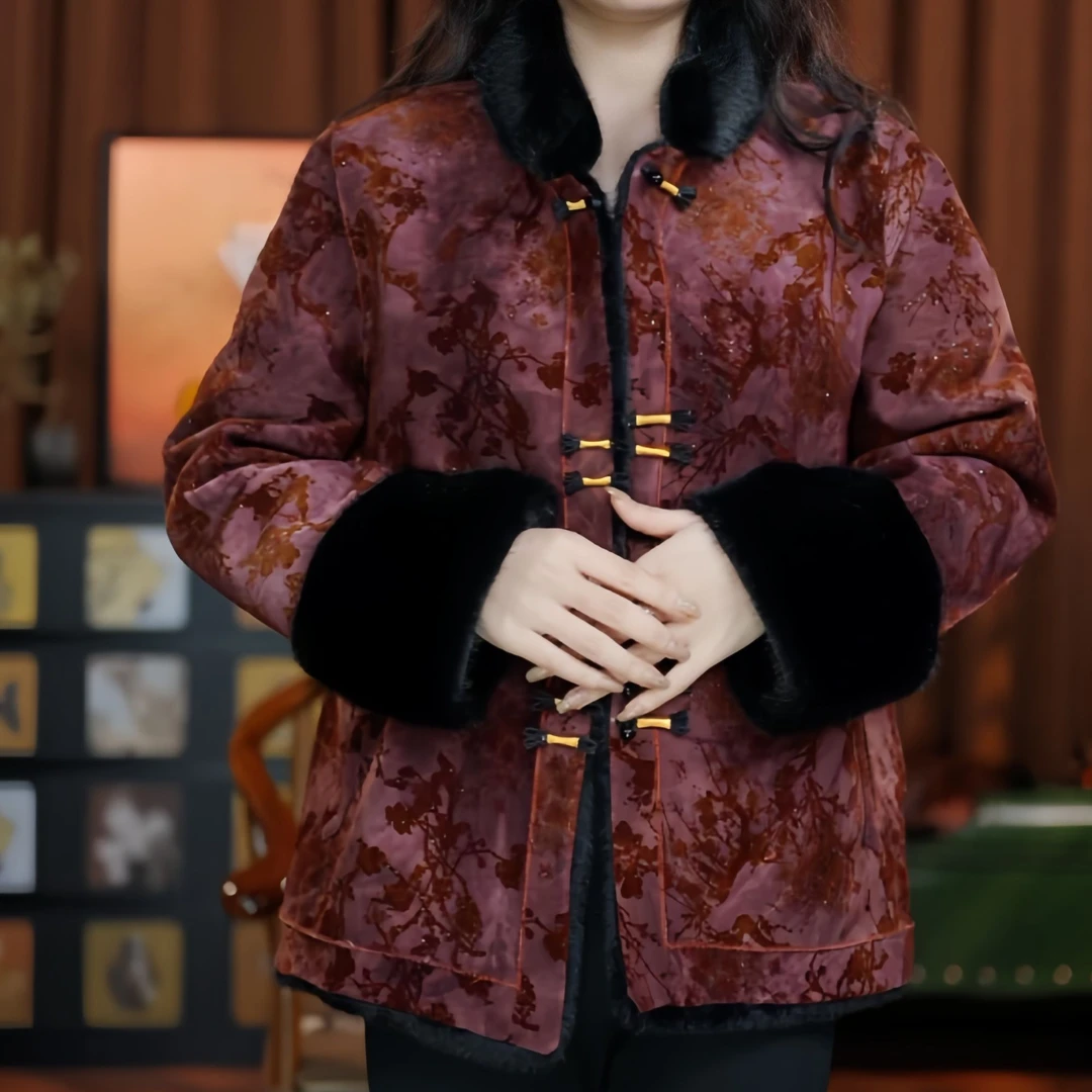 观海（红色）刻丝秋冬短款外套国风加厚盘扣中式上衣