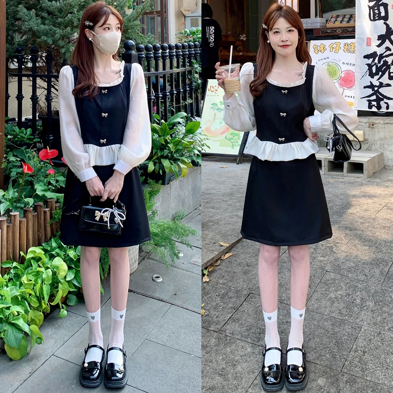 【小曹大码】春夏新款法式方领拼接显瘦假两件短款连衣裙-YMJ80562