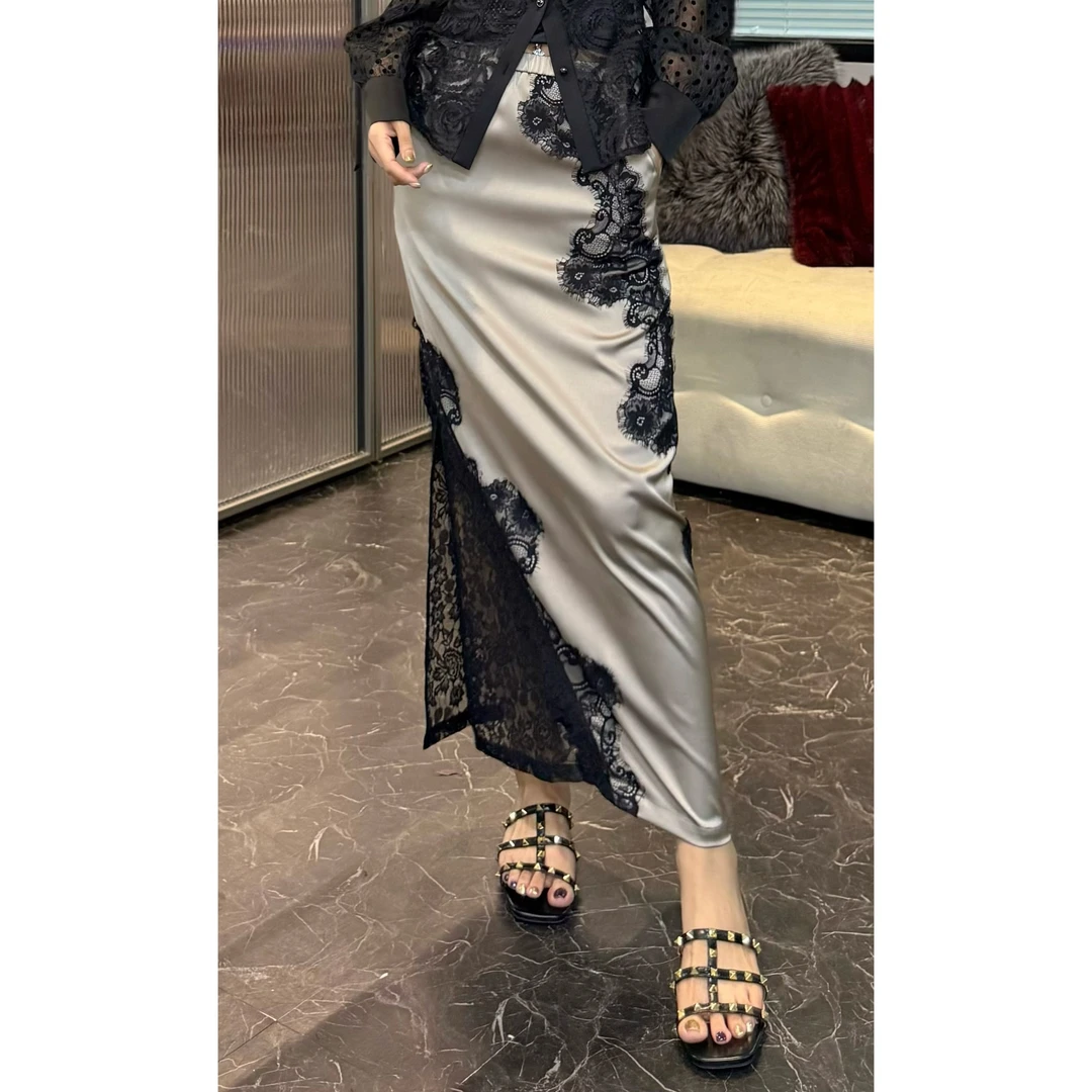 SONG-原创【半身裙-锦瑟玉兰】新款重工蕾丝拼接缎面高级时尚气质