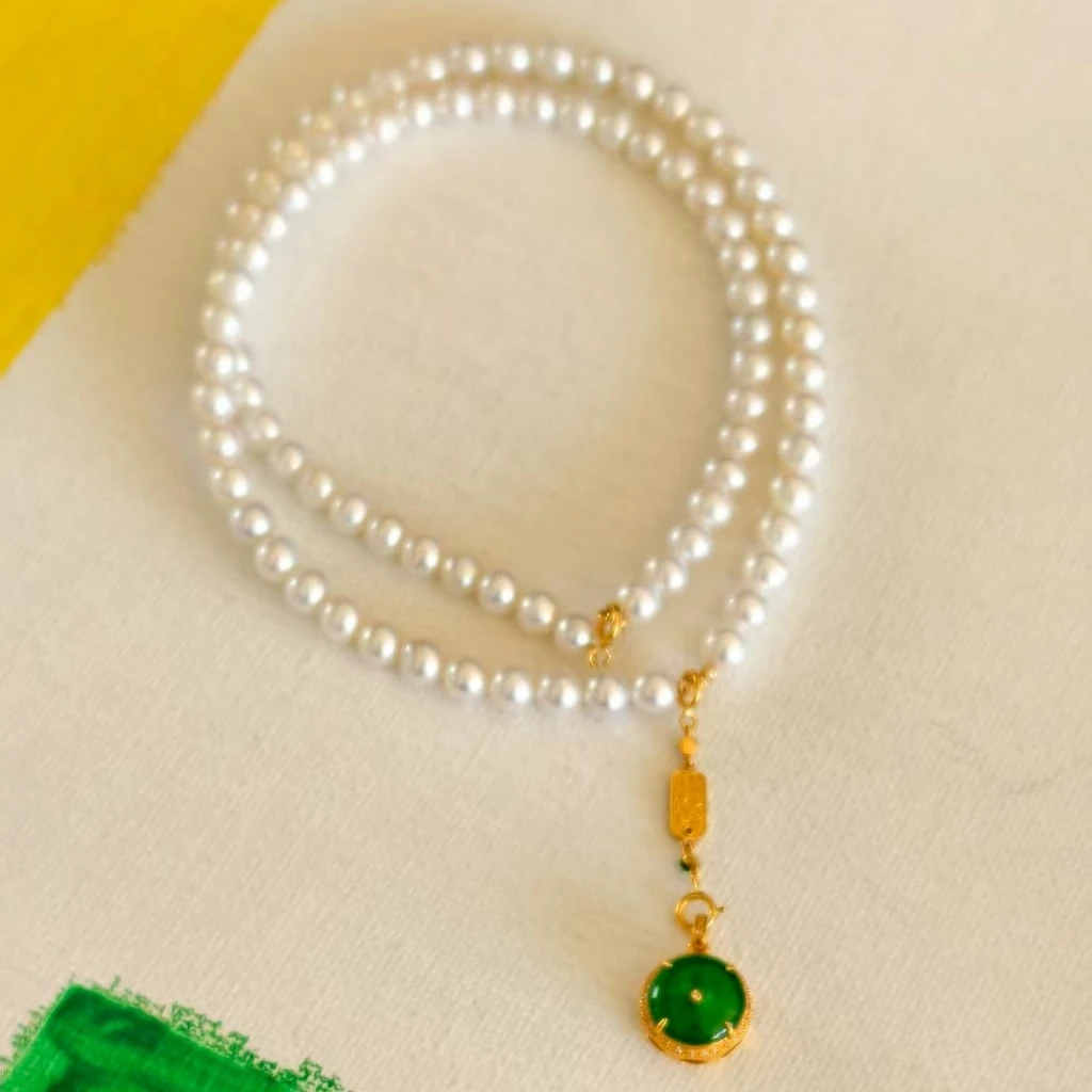 珍珠翡翠财娘娘 豹豹福珠宝 18k金翡翠淡水珍珠项链 时尚休闲百搭