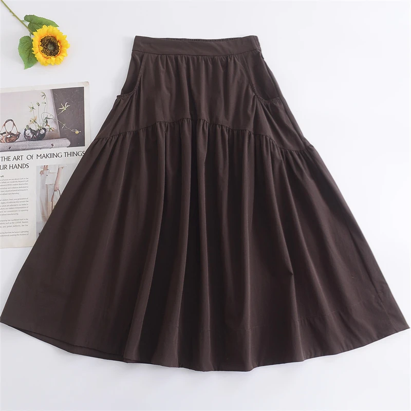 2025年春夏季新品宽松纯色中长款休闲半身裙女高腰显瘦复古A字裙