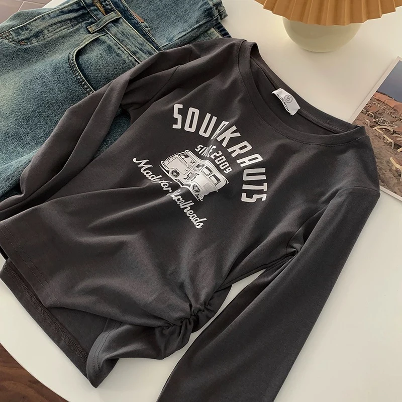 Brandy Girl美式印花长袖圆领T恤bm简约修身显瘦上衣女