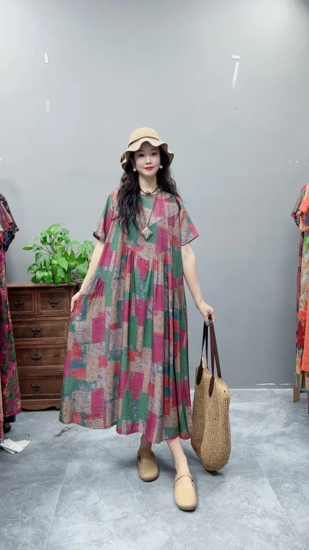 5097夏季新款清凉气质时尚复古遮肚宽松女显瘦百搭圆领休闲连衣裙